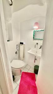 a bathroom with a toilet and a sink and a red rug at Pink House - InBorgo in Acquasparta