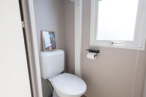 a bathroom with a toilet with a picture on top of it at Camping Papillon Kinrooi - Vakantiehuis Premium 4P in Kinrooi
