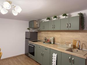 a kitchen with gray cabinets and a sink at Villa Solina in Sapareva Banya