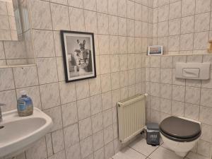 a bathroom with a toilet and a sink at Wohnung mit Balkon in Zwickau +6 photos
