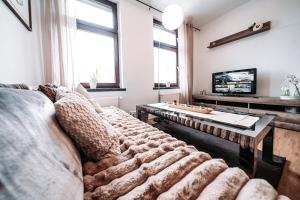 a living room with a couch and a table at Ferienwohnung Elb-Aue in Burg bei Magdeburg