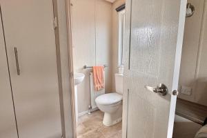 a small bathroom with a toilet and a sink at Sea View Platinum Caravan in Llanddulas +7 photos