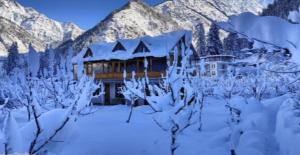 a lodge in the snow with snow covered trees at Peace homestay n cafe in Kalgha