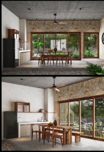 two pictures of a kitchen and a dining room with a table at Berry Boutique in Hue