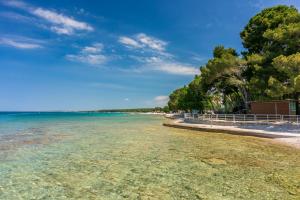 a beach with clear water and trees on a sunny day at Apartment Bellevue in Vodnjan
