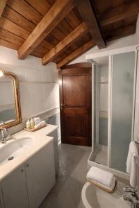 a bathroom with a sink and a shower and a mirror at Atelier Monte Bago in Felegara