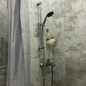 a shower in a bathroom with a shower curtain at ЖК 'Арман ' in Aktobe
