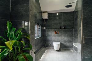 a bathroom with a toilet and a sink and a plant at Starico Residence in Nkoanrua