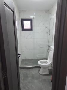 a bathroom with a toilet and a shower at Mini River in Sîngeorgiu de Pădure