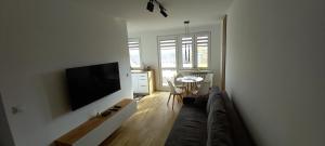a living room with a couch and a flat screen tv at Apartament 7 Piętro in Wałbrzych