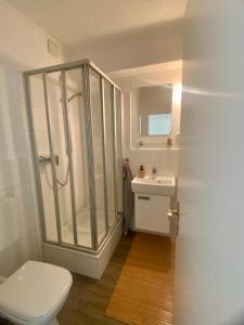 a bathroom with a shower and a toilet and a sink at FeWo GüNi Marina Wendtorf Strand mit Balkon und seitlichem Fördeblick in Wendtorf
