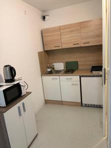 a small kitchen with white cabinets and a microwave at Apartmani Ela 2 3 in Sierning +14 photos