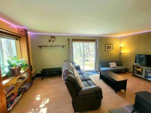 a living room with a couch and a tv at Morel Mountain Hideaway in Warren