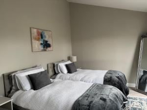 a bedroom with two beds in a room at Beyond The Waters Edge Chalet in Dooagh