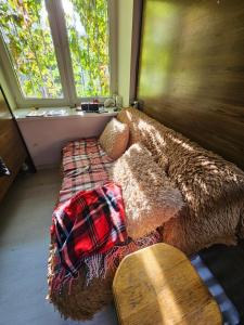 a cozy couch in a room with a window at Хостел Палац Спорта in Kyiv