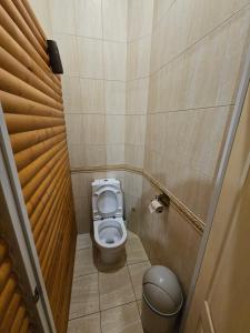 a small bathroom with a toilet and a trash can at Хостел Палац Спорта in Kyiv