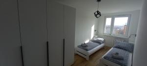 a living room with a bed and a window at Apartament 7 Piętro in Wałbrzych