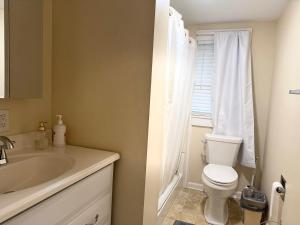 a bathroom with a toilet and a sink and a window at Brick House Retreat in Hamlet