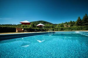 a swimming pool with blue water and two umbrellas at Resort Malevil in Jablonné v Podještědí
