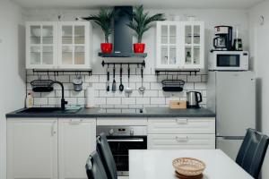 a kitchen with white cabinets and white appliances at Apartment Berglez in Škofja Loka