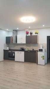 a large kitchen with white cabinets and appliances at Apartmán Tonny in Jáchymov