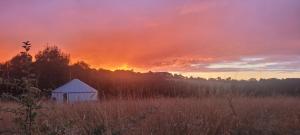 a white tent in a field at sunset at Du Gîte à la Terre in Saint-Gaudens +4 photos