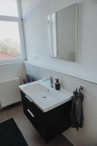 a bathroom with a white sink and a mirror at FeWo Kibo Kupferberg in Kirchheimbolanden +4 photos
