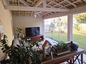 a living room with a tv and a table with plants at Paraíso de Praia Seca - Carnaval 2026 in Araruama