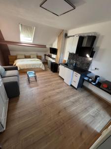 ein großes Wohnzimmer mit einem Bett und einer Couch in der Unterkunft FERTILE in Charleroi
