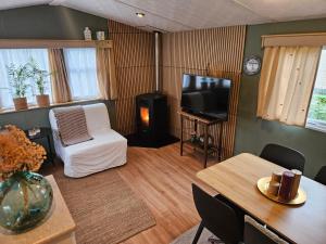 a living room with a television and a table with a chair at Olm29 Vakantiewoning in het Drents Friese Wold vlakbij Diever Zwembad, Animatie, Restaurant, Wandelen, Natuur in Oude Willem