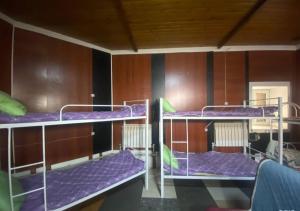 two bunk beds in a room with purple at Мужской Хостел in Astana