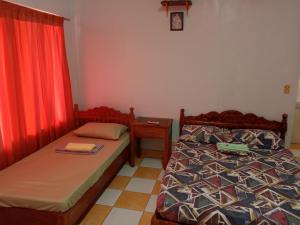 two beds in a room with red curtains at Felipenas Lodging House in Matalom