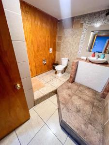 a bathroom with a toilet and a sink at Hotel Boutique Casa Piedra in Tocopilla +24 photos