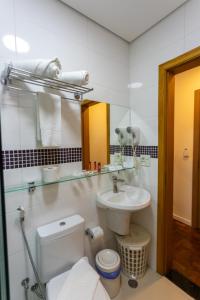 a bathroom with a toilet and a sink and a mirror at Hotel Amalia by Plaza Xavier in São Paulo +25 photos