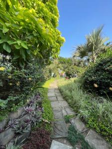 a stone path in a garden with plants and trees at Lush Garden Chalet in Afiaman +7 photos