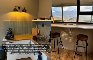 two pictures of a kitchen with a counter and a stool at Off grid cabin for 2 in the Langkloof in Kareedouw