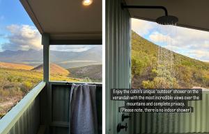 a bathroom with a view of a mountain at Off grid cabin for 2 in the Langkloof in Kareedouw +45 photos