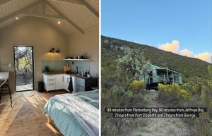 two pictures of a bedroom and a kitchen and a house at Off grid cabin for 2 in the Langkloof in Kareedouw