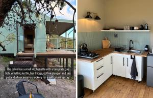 a kitchen with white cabinets and a table with a sink at Off grid cabin for 2 in the Langkloof in Kareedouw