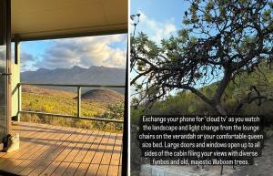 a picture of a window with a view of a mountain at Off grid cabin for 2 in the Langkloof in Kareedouw