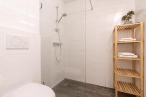 a bathroom with a shower with a glass door at Appartement De Jutter, Resort Amelander Kaap in Hollum +45 photos