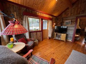 a living room with a table and a television in a cabin at Idyllisk feriested in Gol