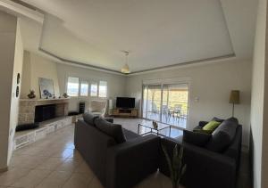 a living room with two couches and a fireplace at Spacious 3bd Apartment in Lefkakia, Nafplio in Levkákia