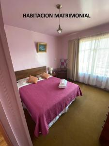 a bedroom with a bed with a purple blanket at Hospedaje Rios in Osorno