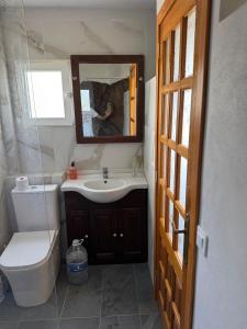 a bathroom with a sink and a toilet and a mirror at Casa Roca in Arona