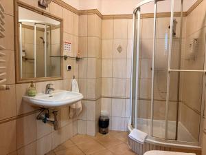 a bathroom with a sink and a shower at Hotel Przy Oślej Bramie - Zamek Książ in Wałbrzych +88 photos