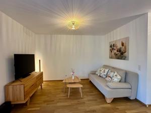 a living room with a couch and a flat screen tv at Autumn Apartment in Gerbrunn