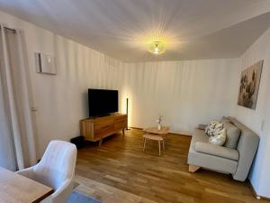 a living room with a couch and a television at Autumn Apartment in Gerbrunn +8 photos