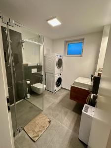 a bathroom with a shower and a washing machine at Autumn Apartment in Gerbrunn