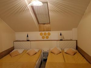 a bedroom with two beds and a window at Dolina Miodu - Agro Kaszuby, Sauna, Balia in Borowina